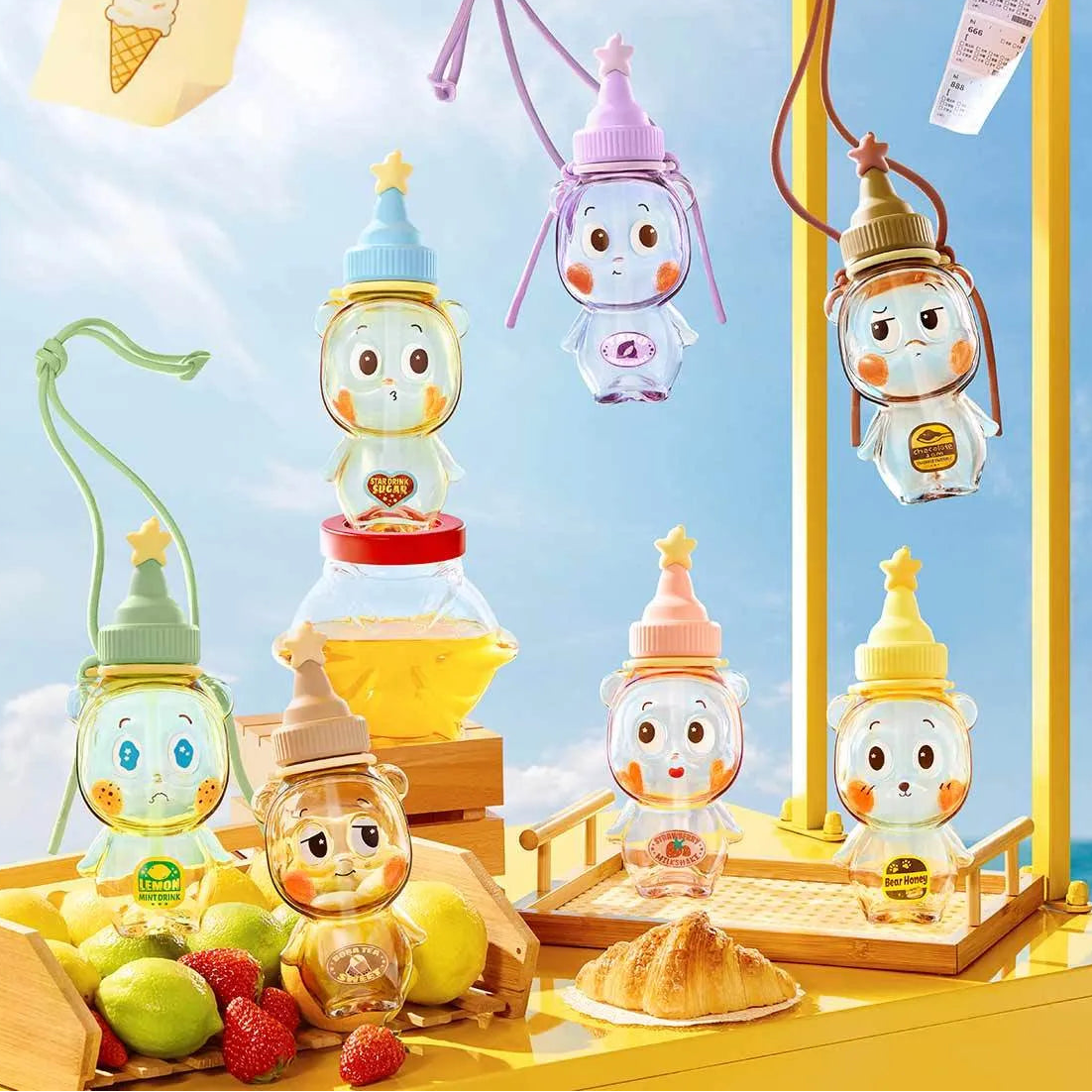 Set of cute character-themed bottles with a Whoopea logo against a bright sky background.
